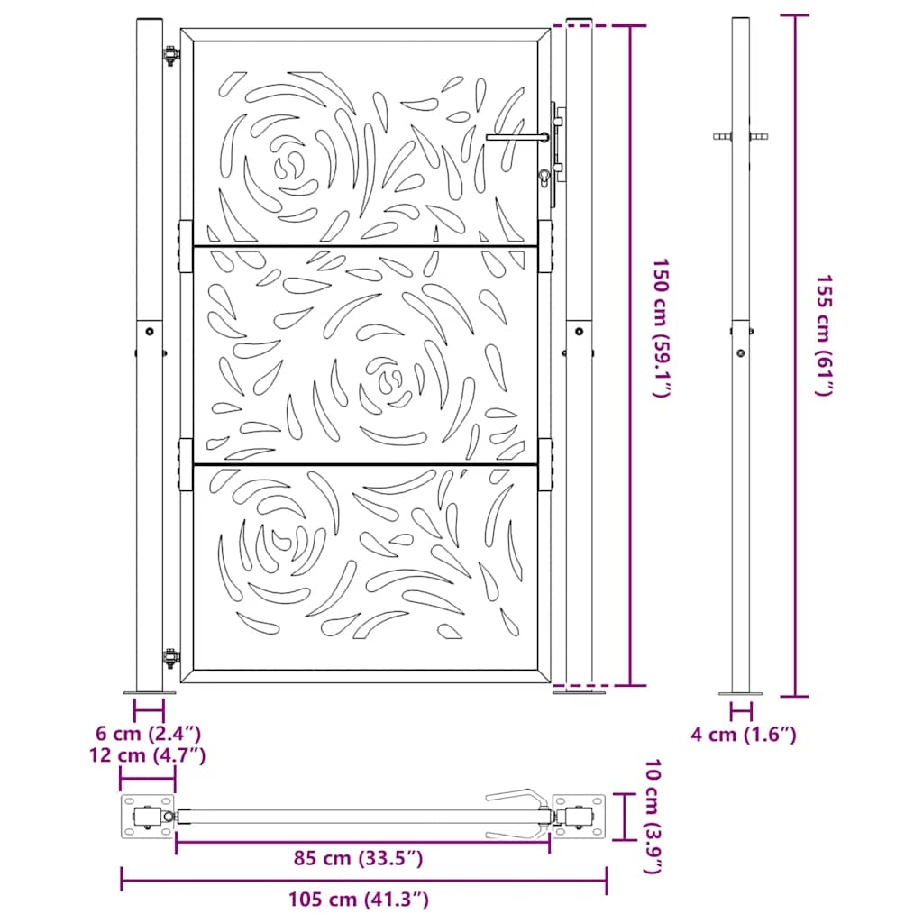 vidaXL Garden Gate Black 105x155 cm Steel Flame Design