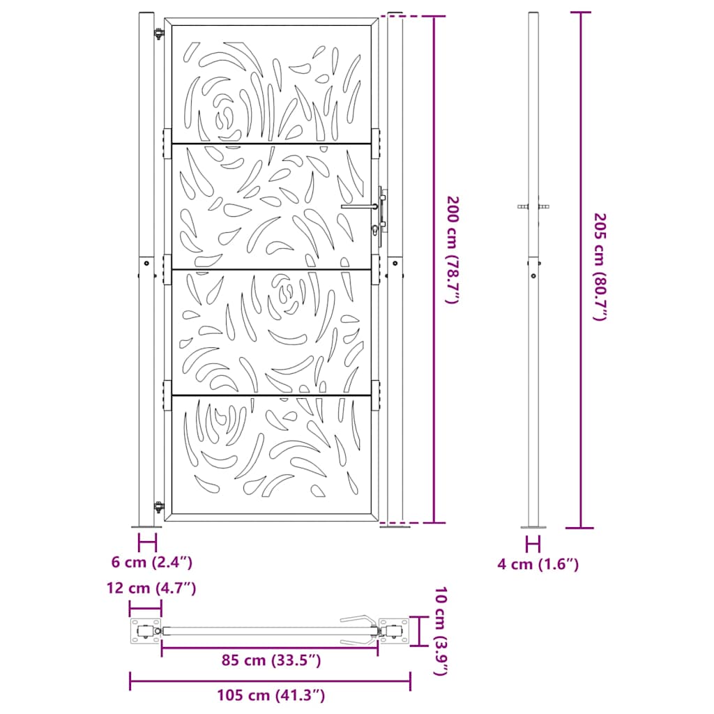 vidaXL Garden Gate Black 105x205 cm Steel Flame Design