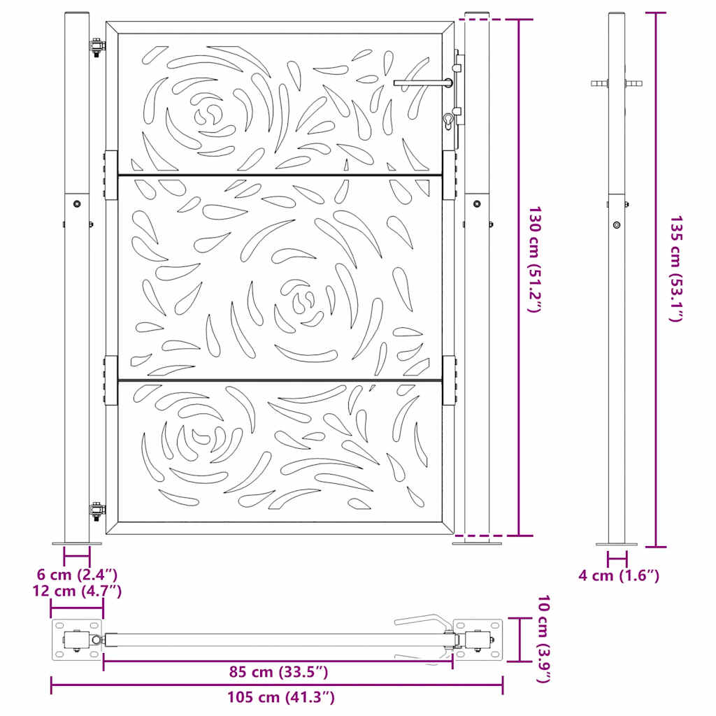 vidaXL Garden Gate 105x130 cm Weathering Steel Flame Design