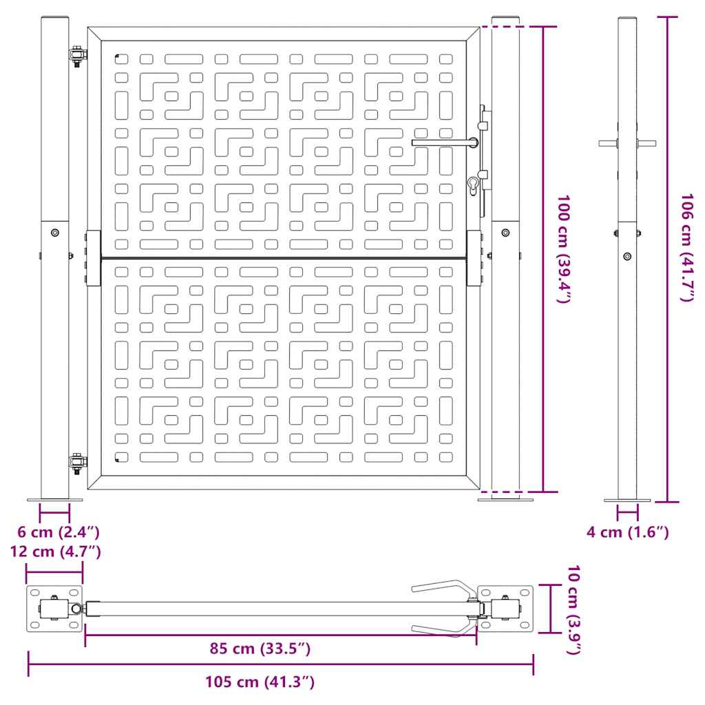 vidaXL Garden Gate Black 105x106 cm Steel Cross Design