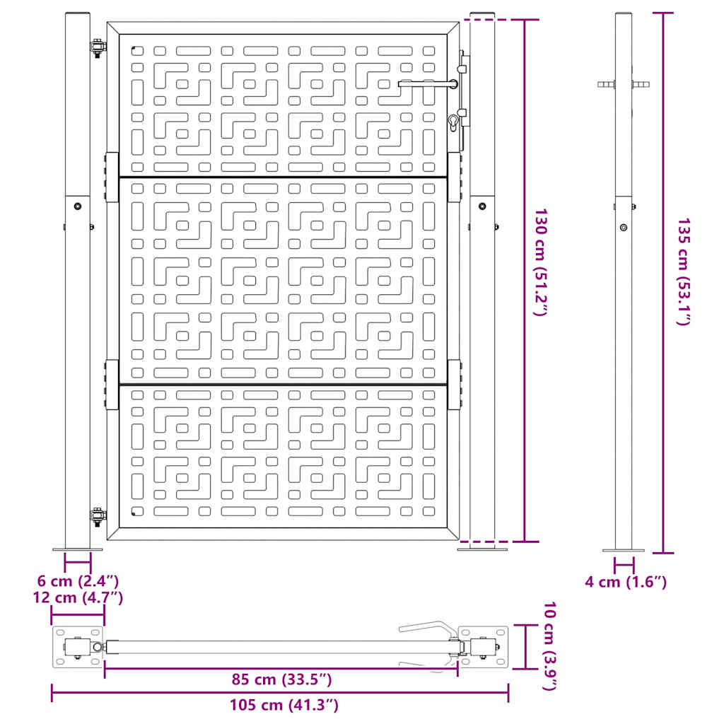 vidaXL Garden Gate Black 105x130 cm Steel Cross Design