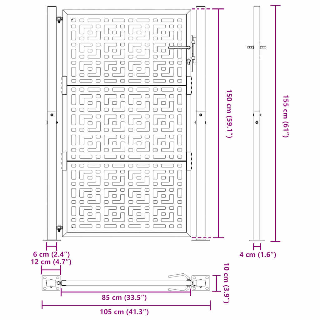 vidaXL Garden Gate Black 105x155 cm Steel Cross Design