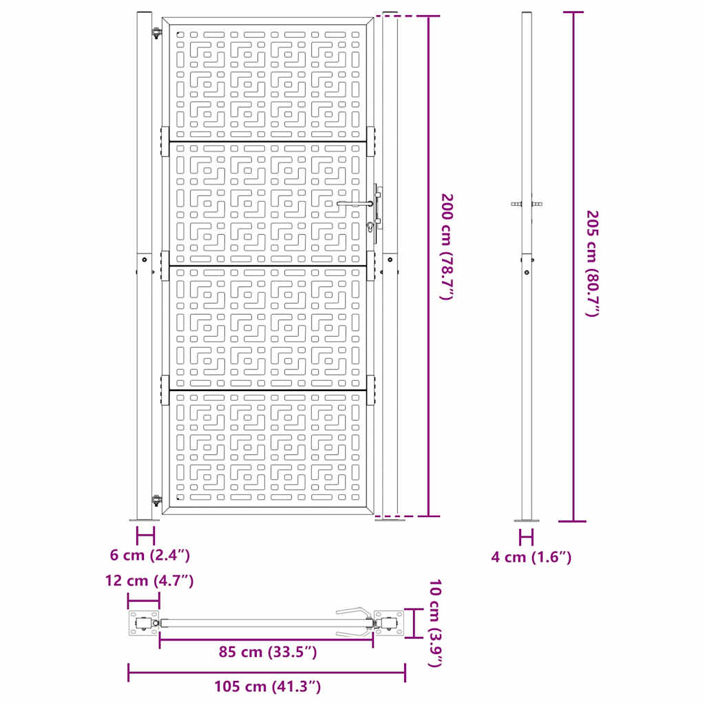 vidaXL Garden Gate Black 105x205 cm Steel Cross Design