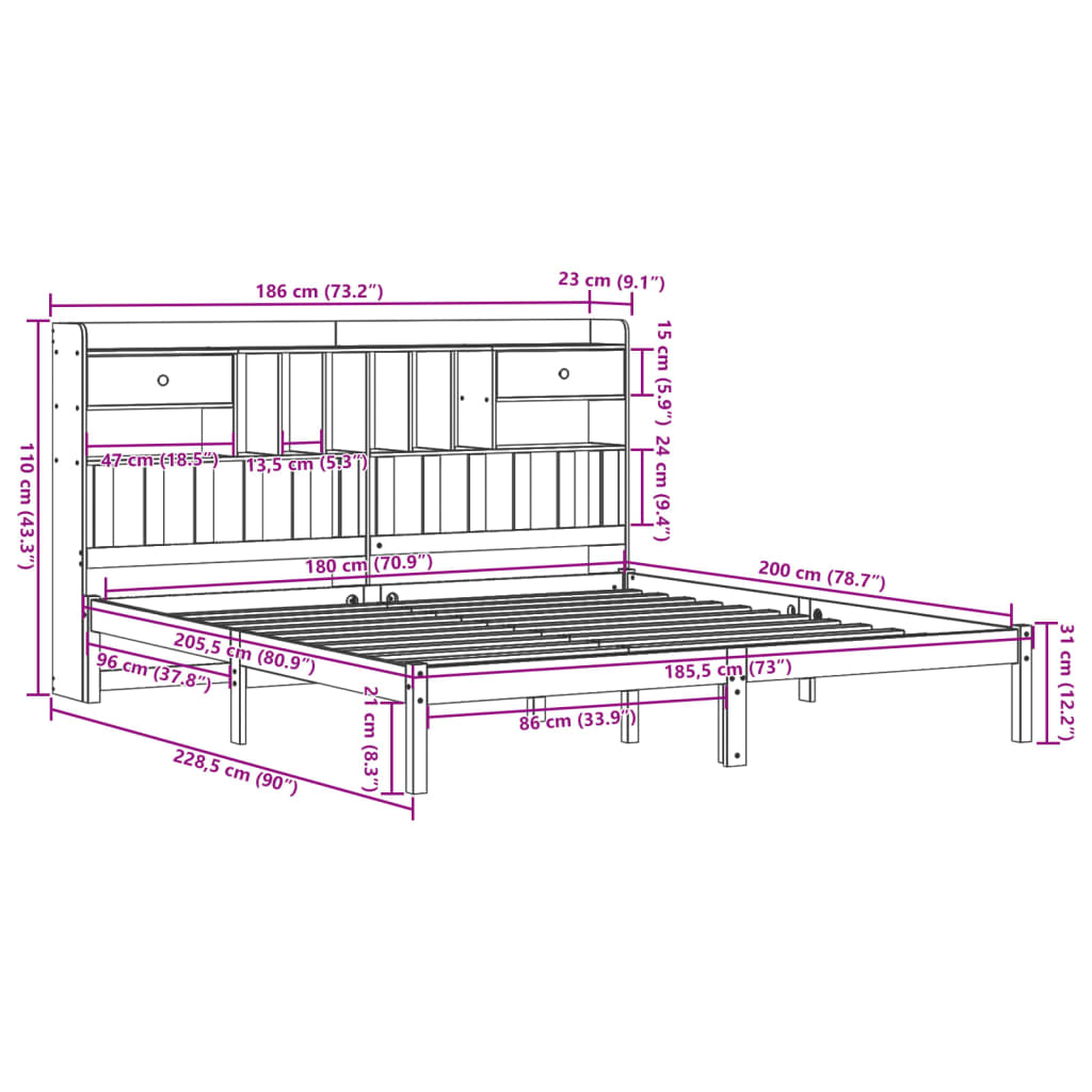 Bookcase Bed without Mattress 180x200 cm Super King Solid Wood Pine