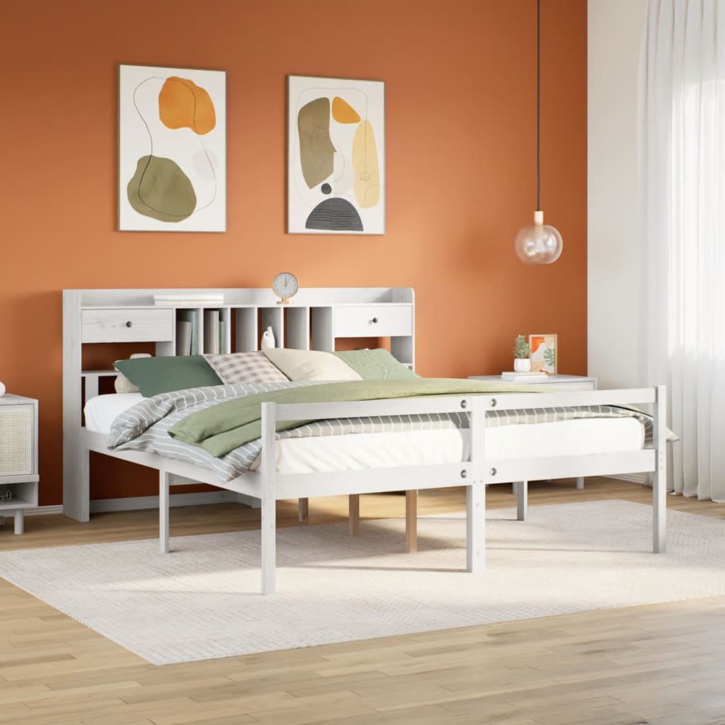 Bookcase Bed without Mattress White 180x200 cm Super King Solid Wood Pine