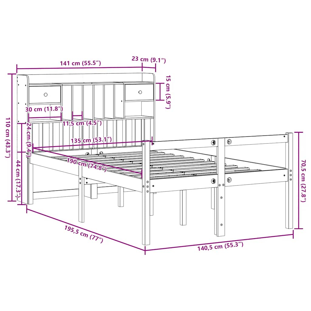 Bookcase Bed without Mattress Wax Brown 135x190 cm Doouble Solid Wood Pine