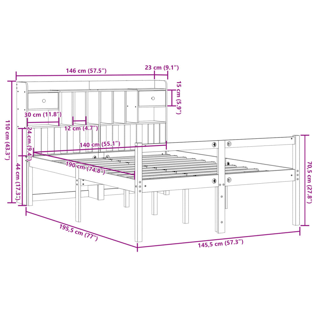 Bookcase Bed without Mattress Wax Brown 140x190cm Solid Wood Pine