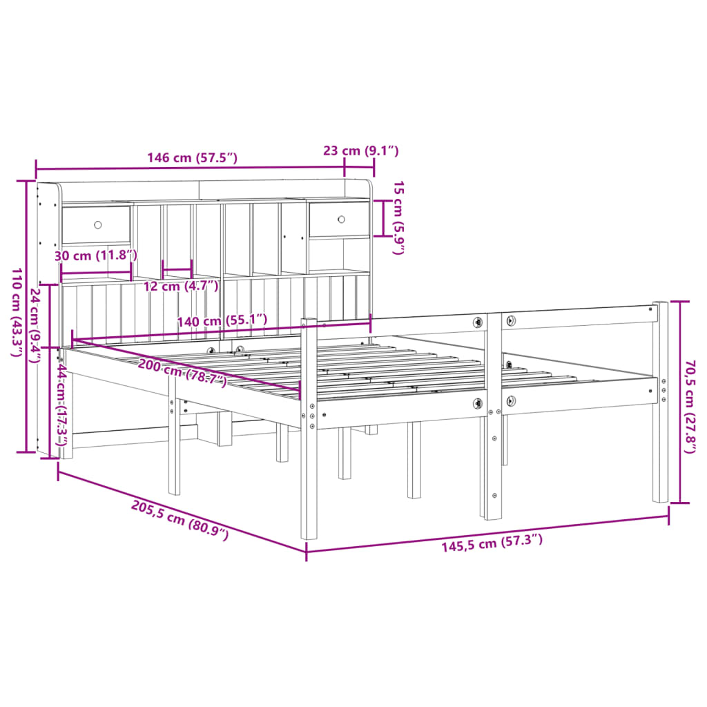 Bookcase Bed without Mattress Wax Brown 140x200cm Solid Wood Pine