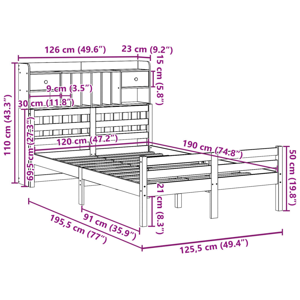 vidaXL Bookcase Bed without Mattress White 120x190 cm Small Double Solid Wood Pine