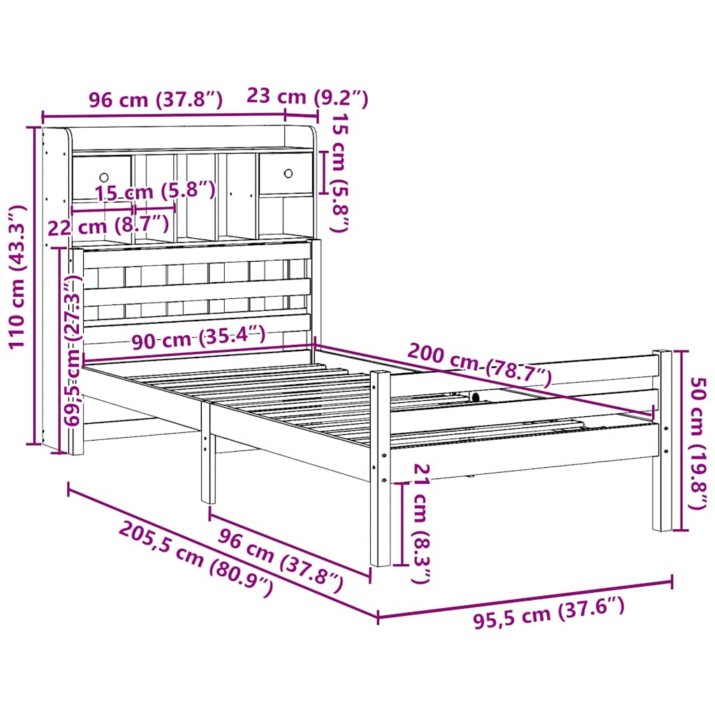 Bookcase Bed without Mattress 90x200cm Solid Wood Pine
