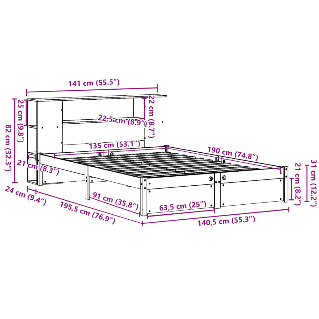 vidaXL Bookcase Bed without Mattress White 135x190cm Double Solid Wood Pine