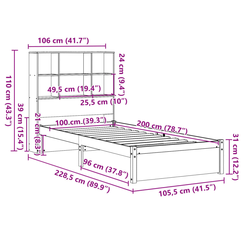 vidaXL Bookcase Bed without Mattress White 100x200cm Solid Wood Pine