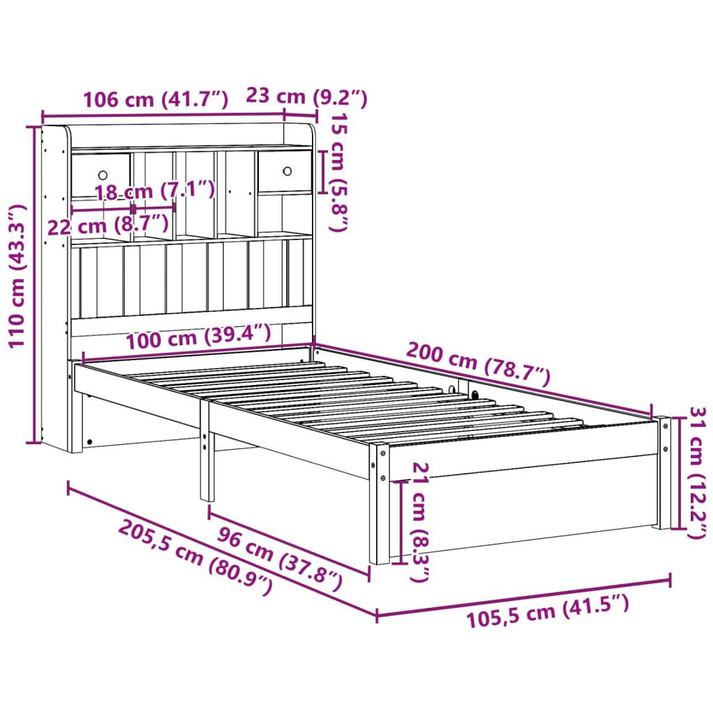 vidaXL Bookcase Bed without Mattress White 100x200cm Solid Wood Pine