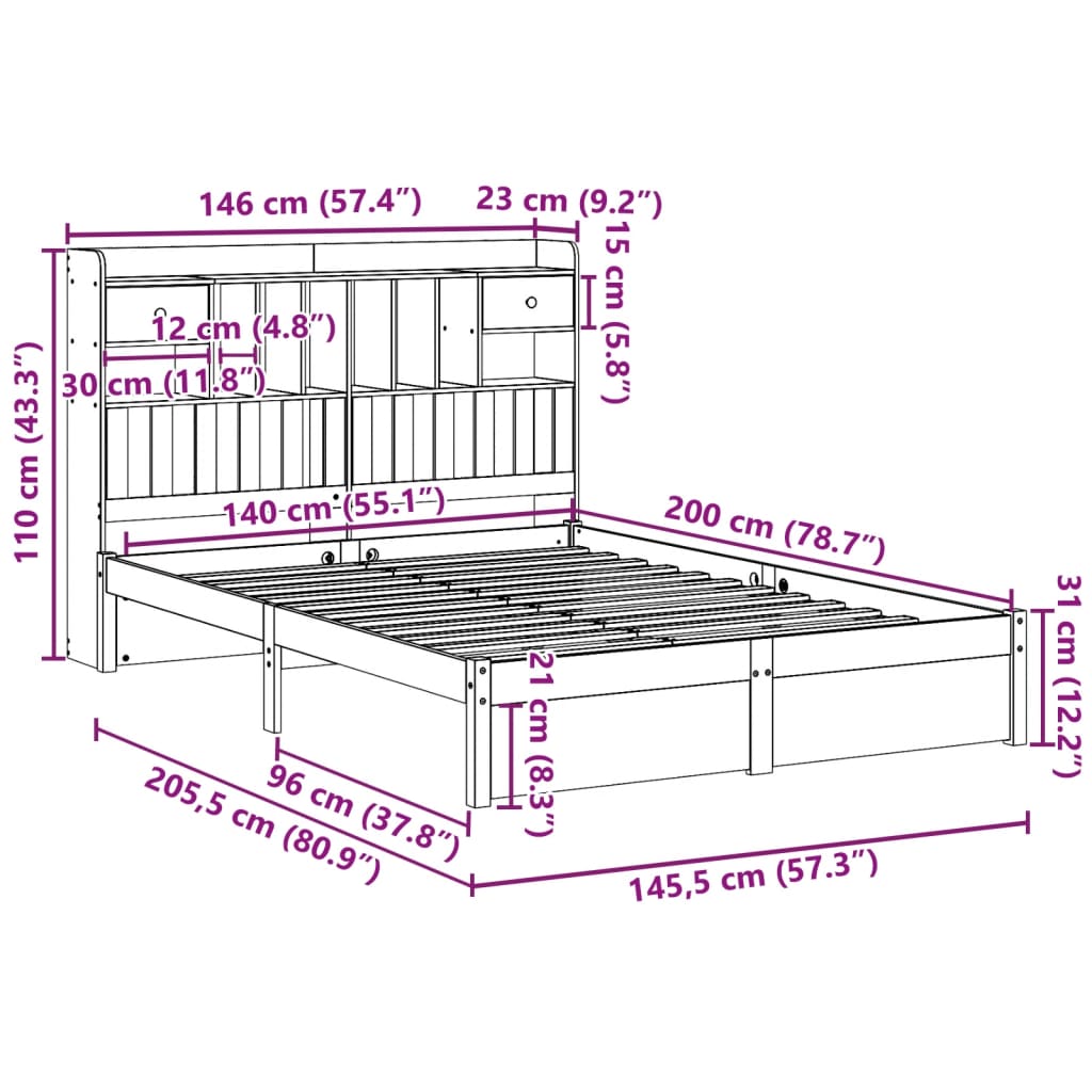 vidaXL Bookcase Bed without Mattress 140x200cm Solid Wood Pine