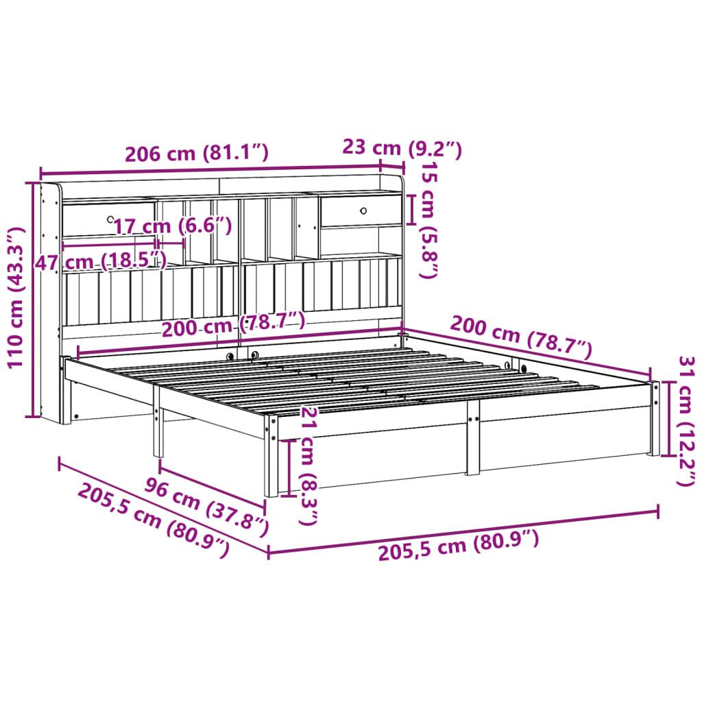 vidaXL Bookcase Bed without Mattress 200x200cm Solid Wood Pine