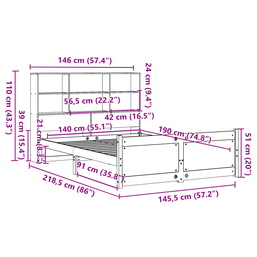 Bookcase Bed without Mattress White 140x190cm Solid Wood Pine