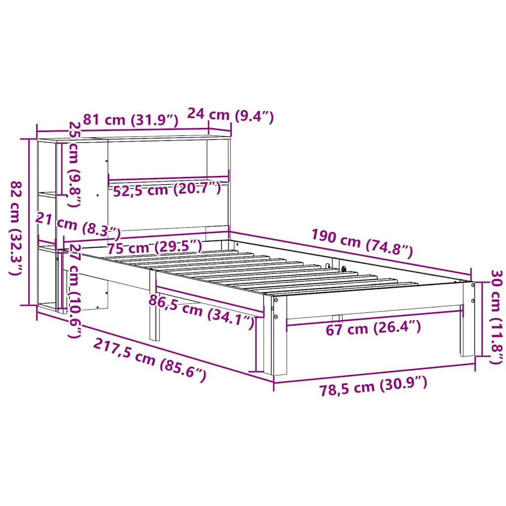 Bookcase Bed without Mattress White 75x190 cm Small Single Solid Wood Pine