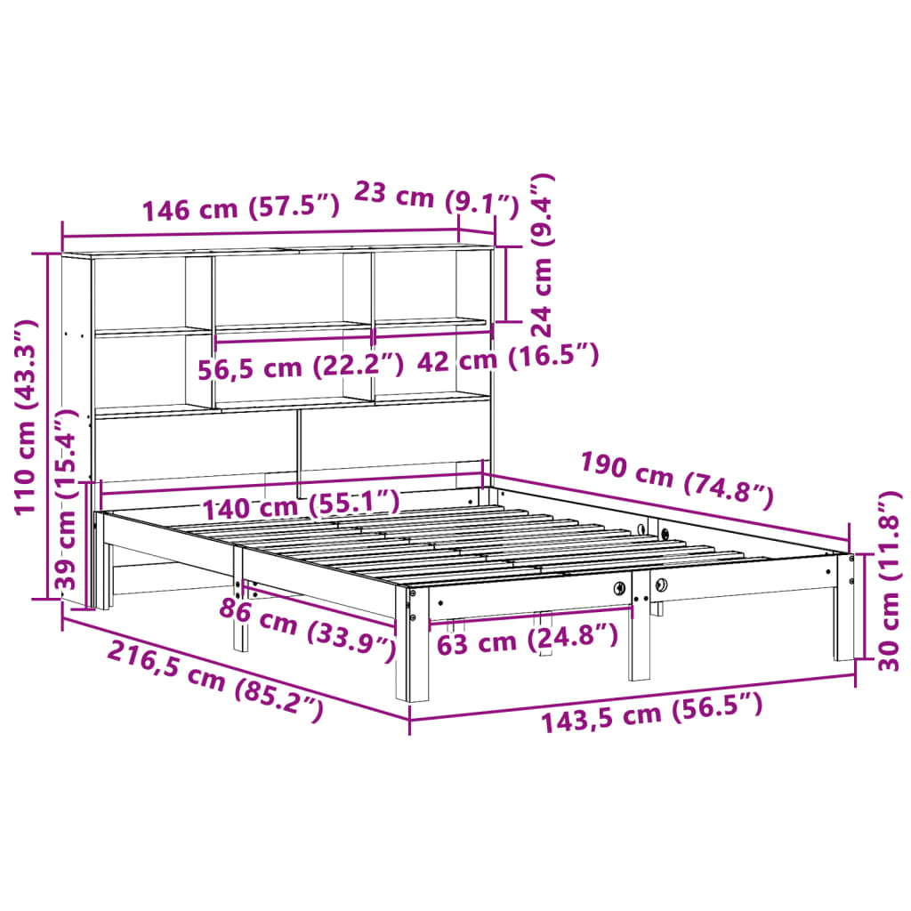 Bookcase Bed without Mattress White 140x190cm Solid Wood Pine