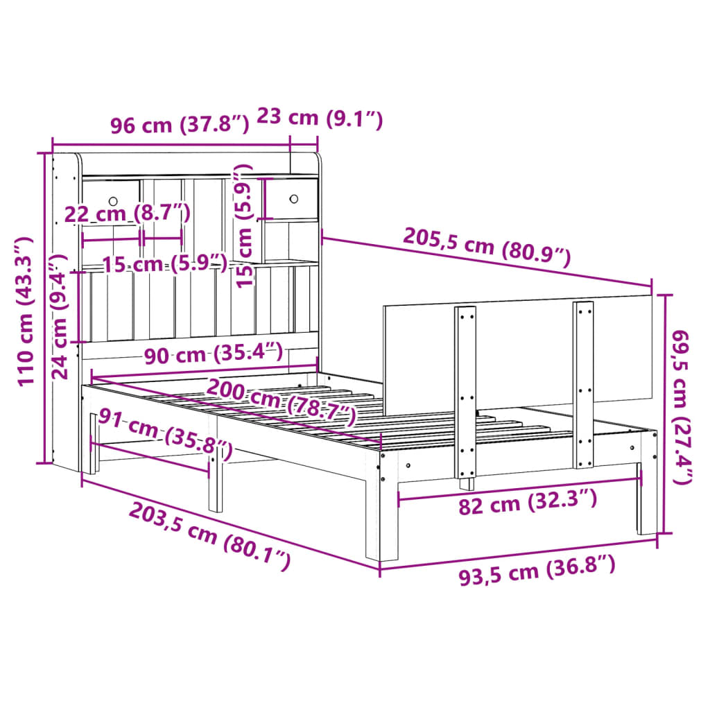 Bookcase Bed without Mattress White 90x200cm Solid Wood Pine