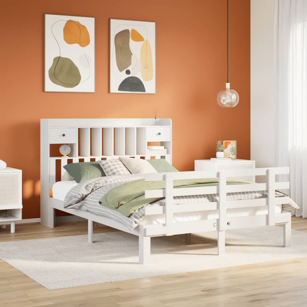 Bookcase Bed without Mattress White 150x200 cm King Solid Wood Pine