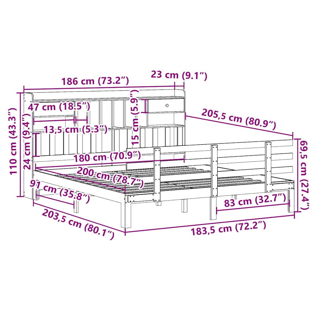 Bookcase Bed without Mattress 180x200 cm Super King Solid Wood Pine