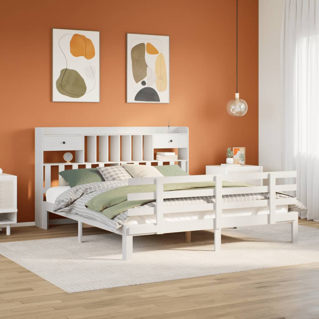 Bookcase Bed without Mattress White 180x200 cm Super King Solid Wood Pine