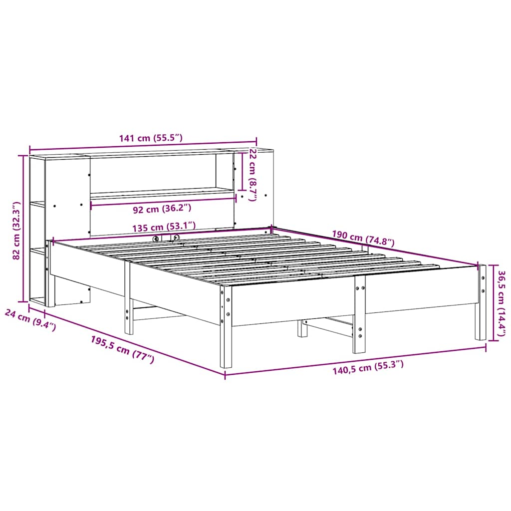 Bookcase Bed without Mattress Wax Brown 135x190 cm Double Solid Wood Pine