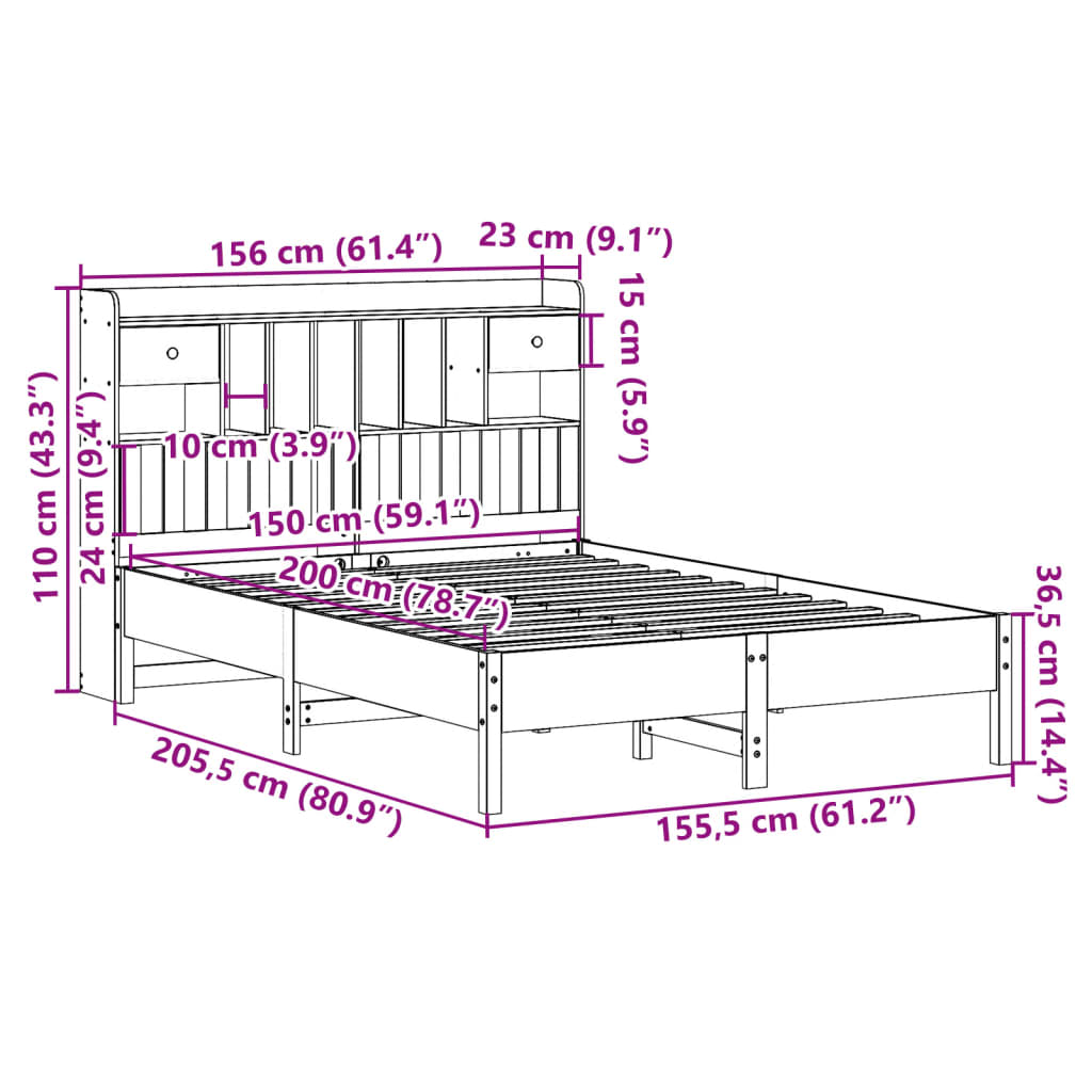 Bookcase Bed without Mattress Wax Brown 150x200 cm King Size Solid Wood Pine