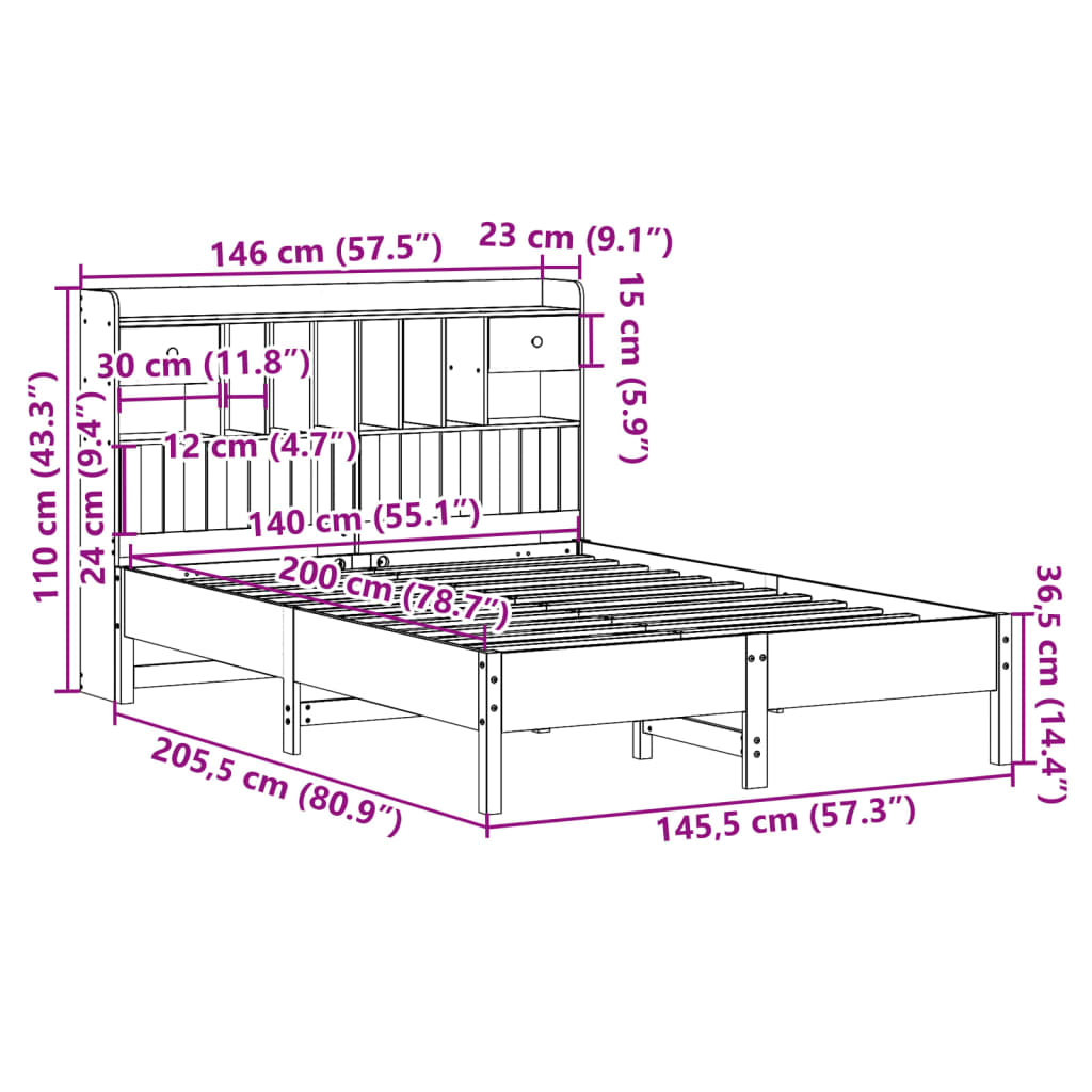 Bookcase Bed without Mattress Wax Brown 140x200 cm Solid Wood Pine