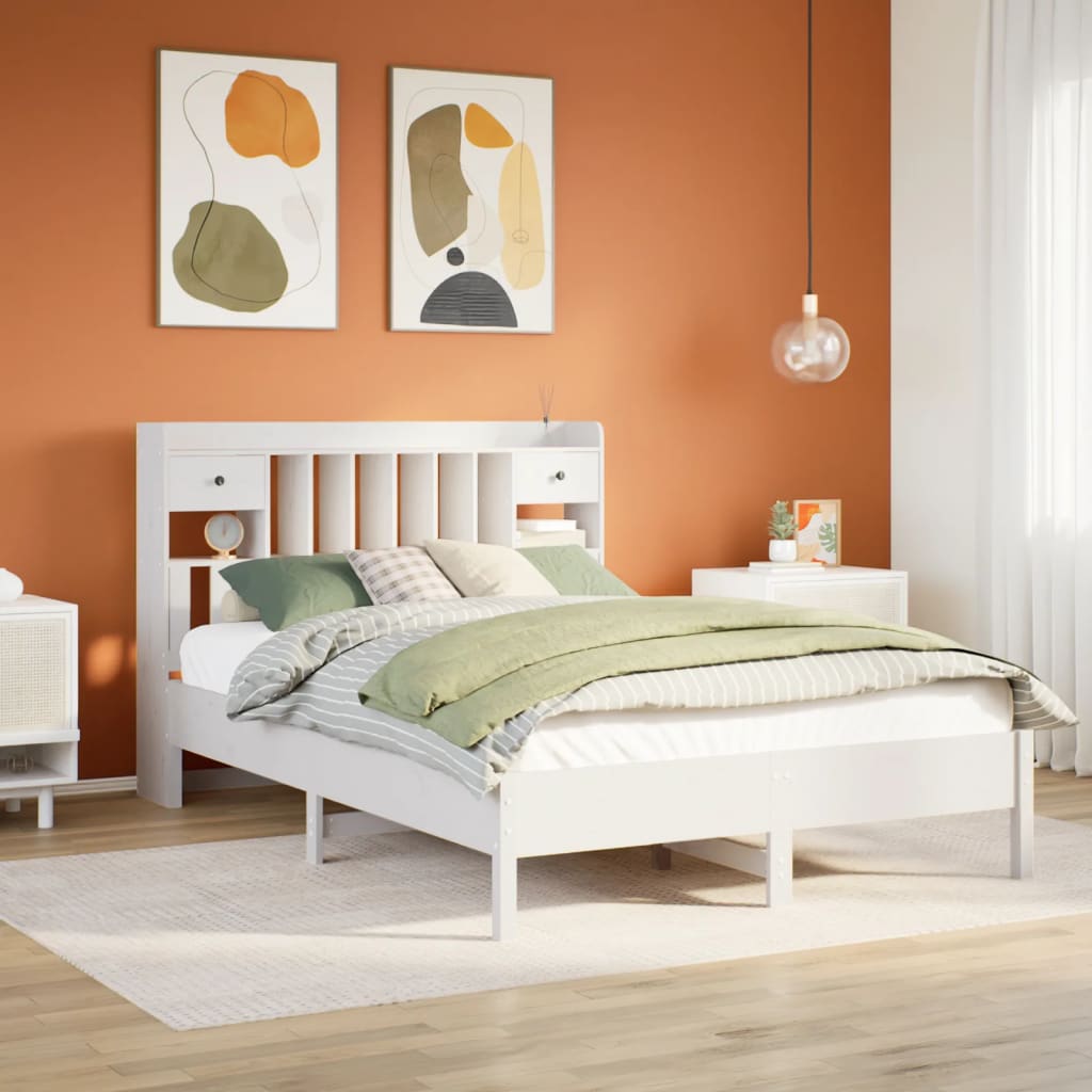 Bookcase Bed without Mattress White 135x190 cm Double Solid Wood Pine
