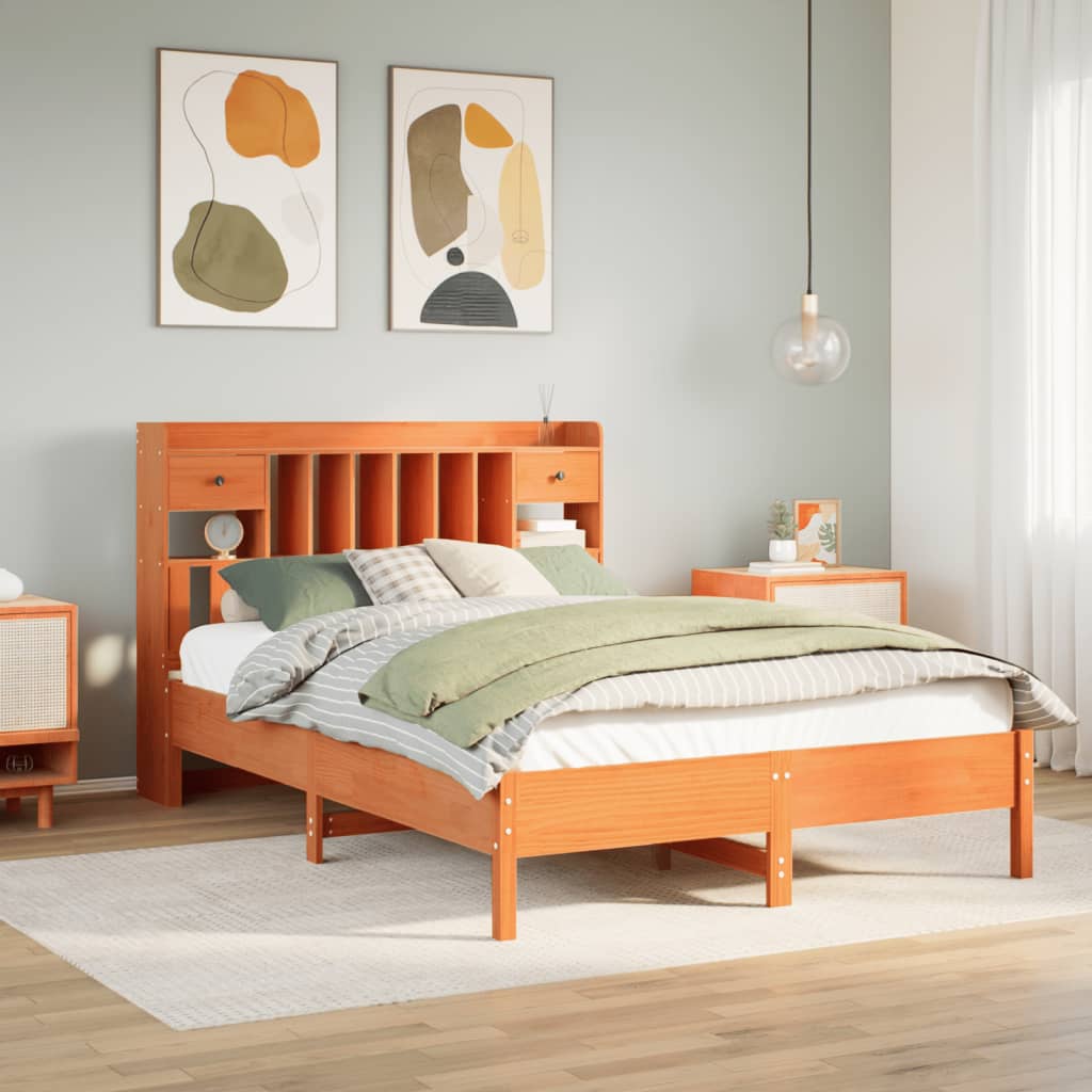 Bookcase Bed without Mattress Wax Brown 135x190 cm Double Solid Wood Pine
