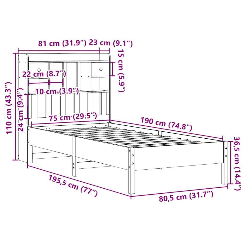 Bookcase Bed without Mattress White 75x190 cm Small Single Solid Wood Pine