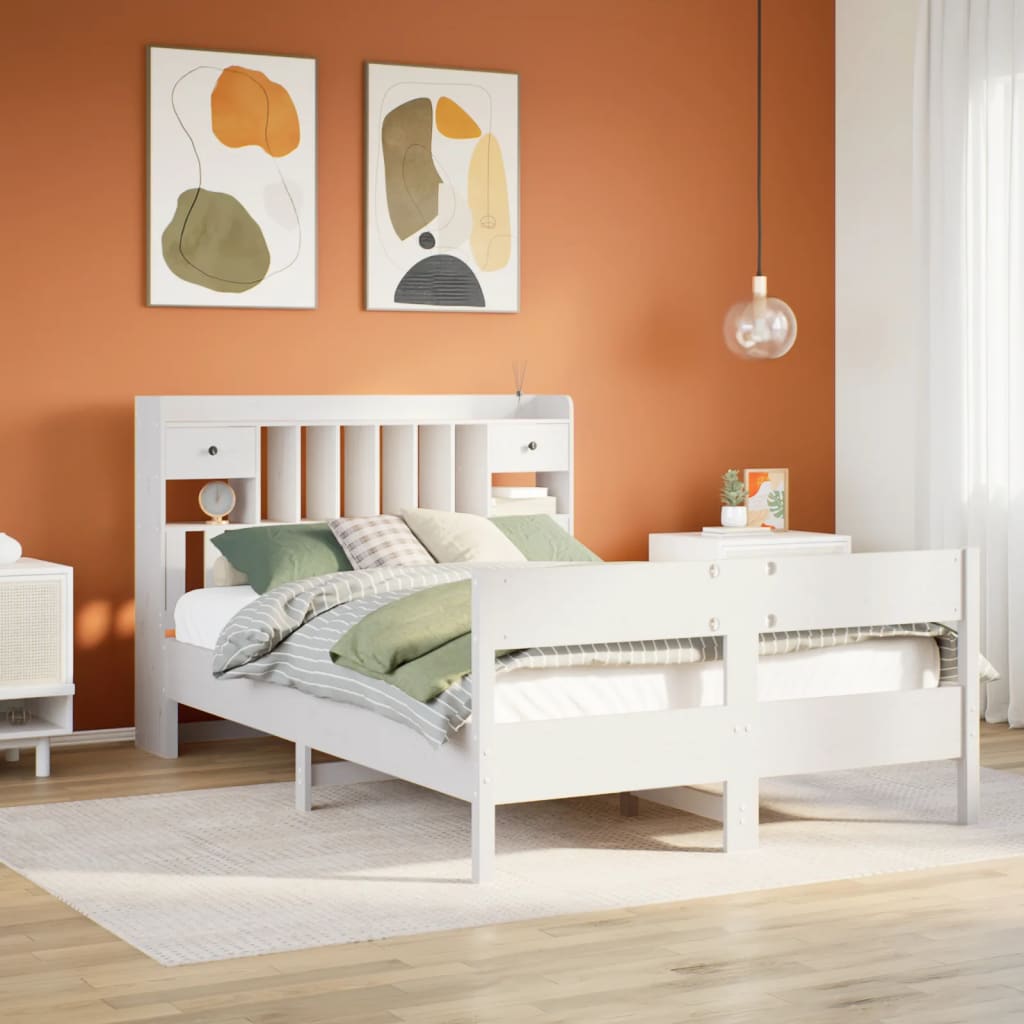 Bookcase Bed without Mattress White 135x190cm Double Solid Wood Pine