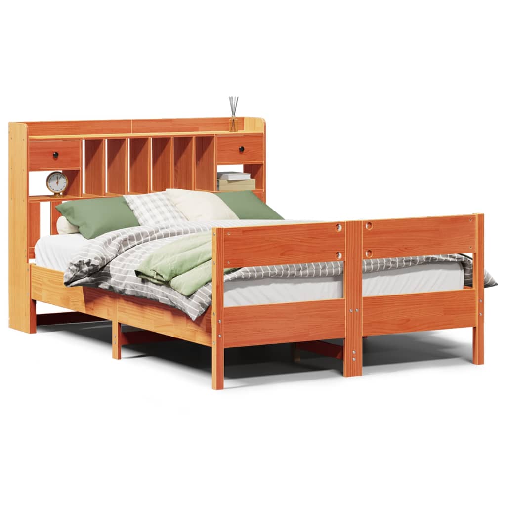 Bookcase Bed without Mattress Wax Brown 135x190cm Double Solid Wood Pine