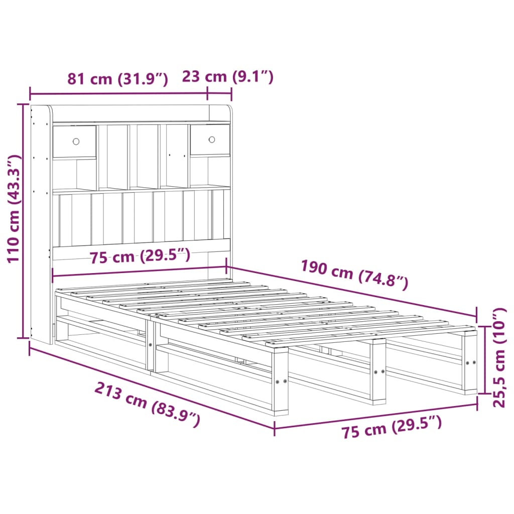 Bookcase Bed without Mattress Wax Brown 75x190 cm Small Single Solid Wood Pine