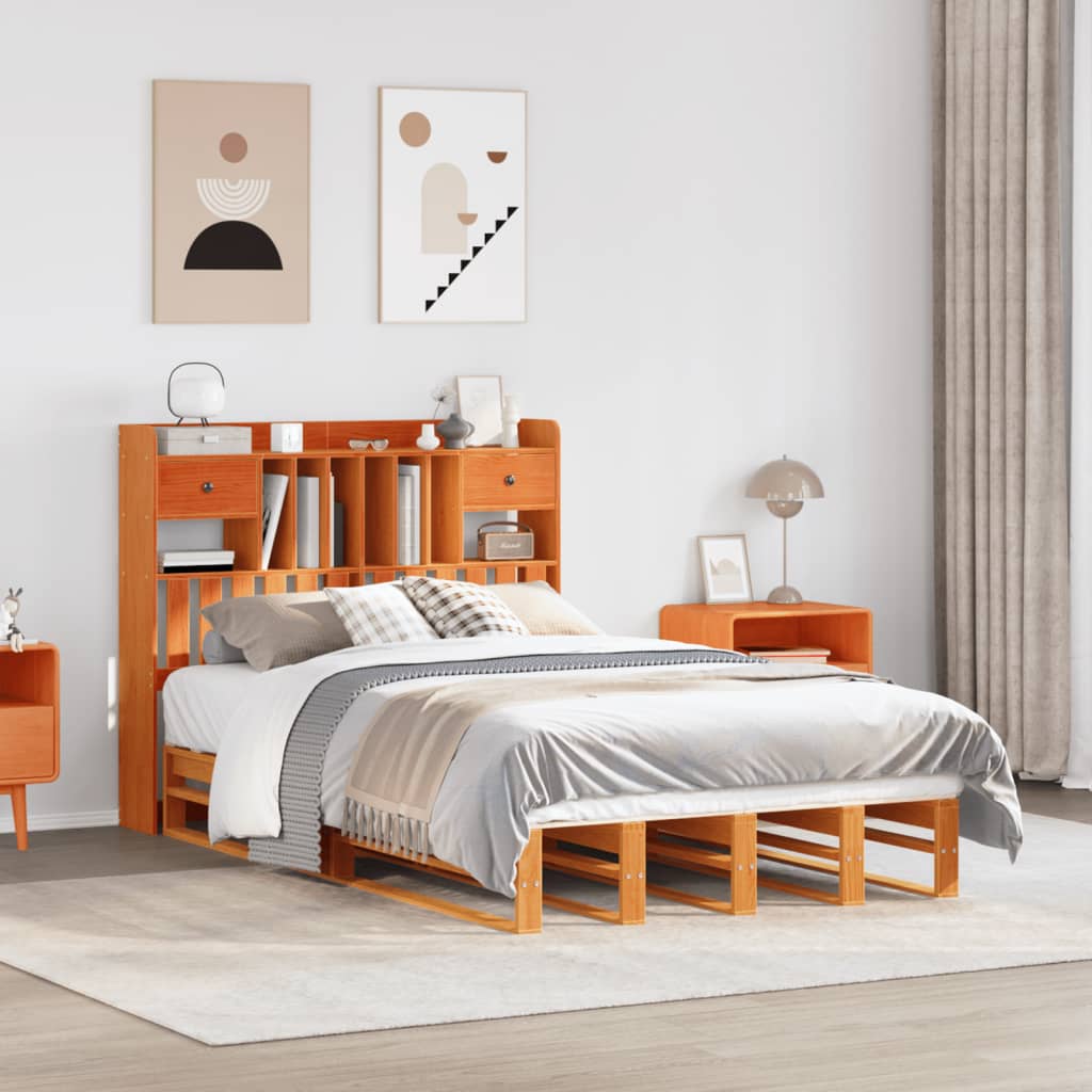 Bookcase Bed without Mattress Wax Brown 135x190 cm Double Solid Wood Pine
