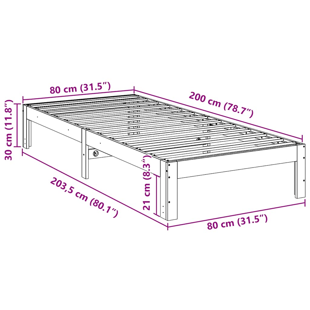 Bed Frame without Mattress White 80x200 cm Solid Wood Pine