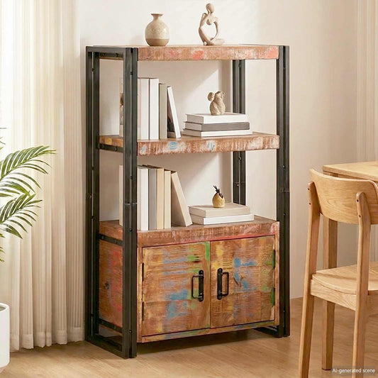 Bookshelf with Doors Brown Solid Reclaimed Wood and Metal