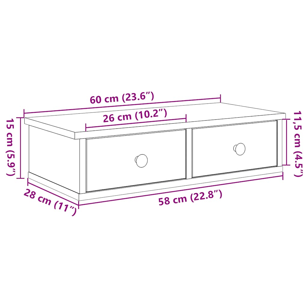 vidaXL Wall Shelf with Drawers Black 60x25x15 cm Engineered Wood