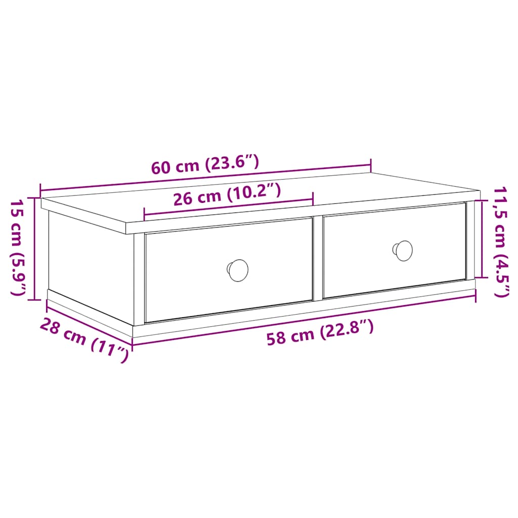 vidaXL Wall Shelf with Drawers Smoked Oak 60x25x15 cm Engineered Wood