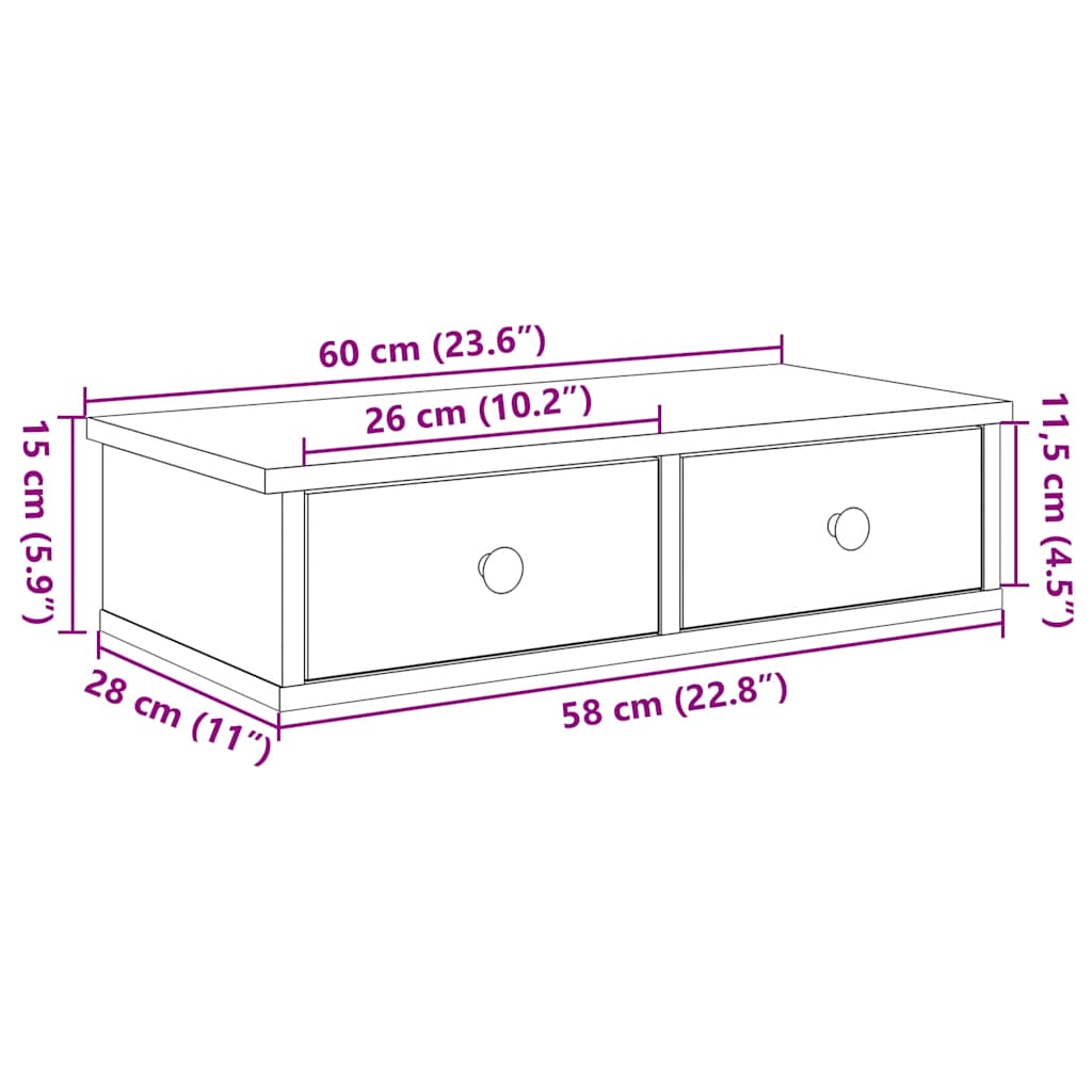 vidaXL Wall Shelf with Drawers Grey Sonoma 60x25x15 cm Engineered Wood