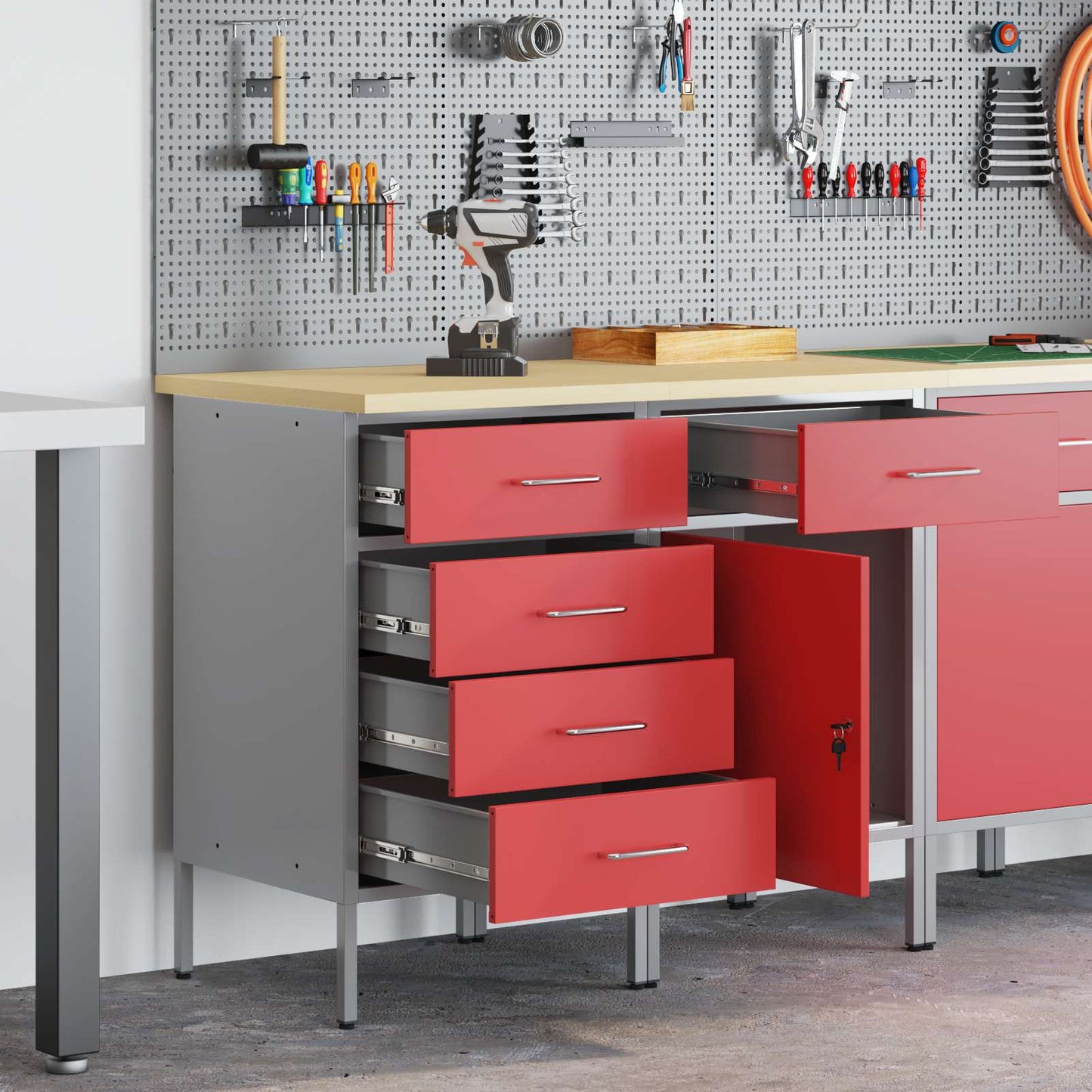 Work Cabinet with Drawer 2 pcs Red and Grey 100 x 55 x 85 cm