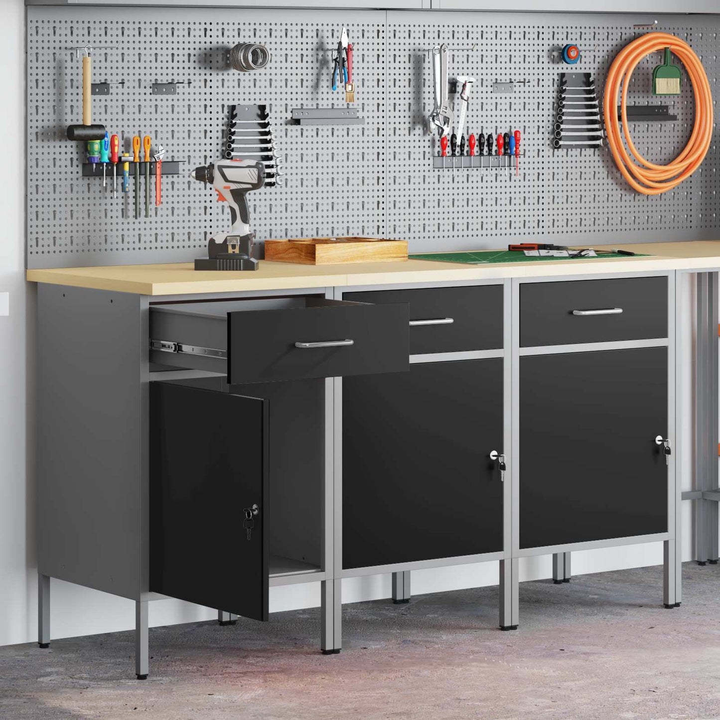 Work Cabinet with Drawer 3 pcs Black and Grey 150 x 55 x 85 cm