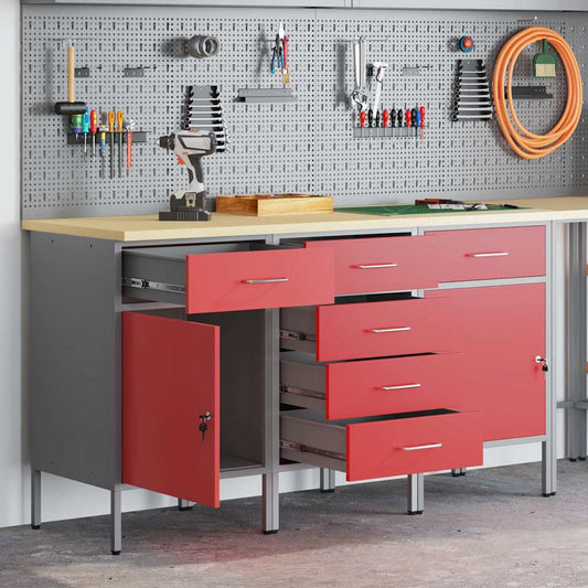 vidaXL Work Cabinet with Drawer 3 pcs Red and Grey 150 x 55 x 85 cm