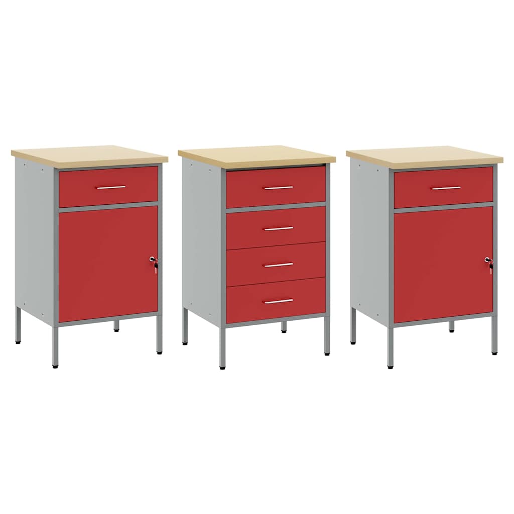 vidaXL Work Cabinet with Drawer 3 pcs Red and Grey 150 x 55 x 85 cm