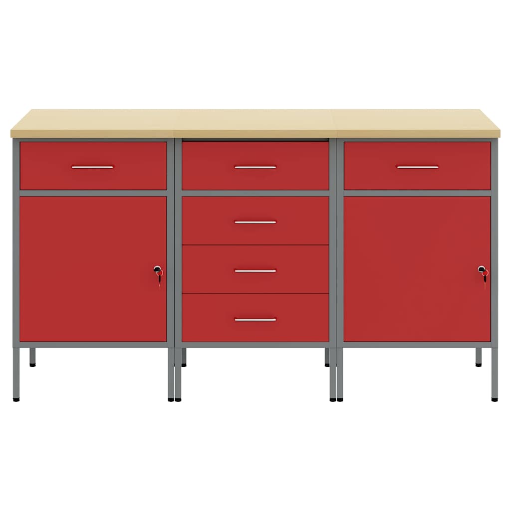 vidaXL Work Cabinet with Drawer 3 pcs Red and Grey 150 x 55 x 85 cm