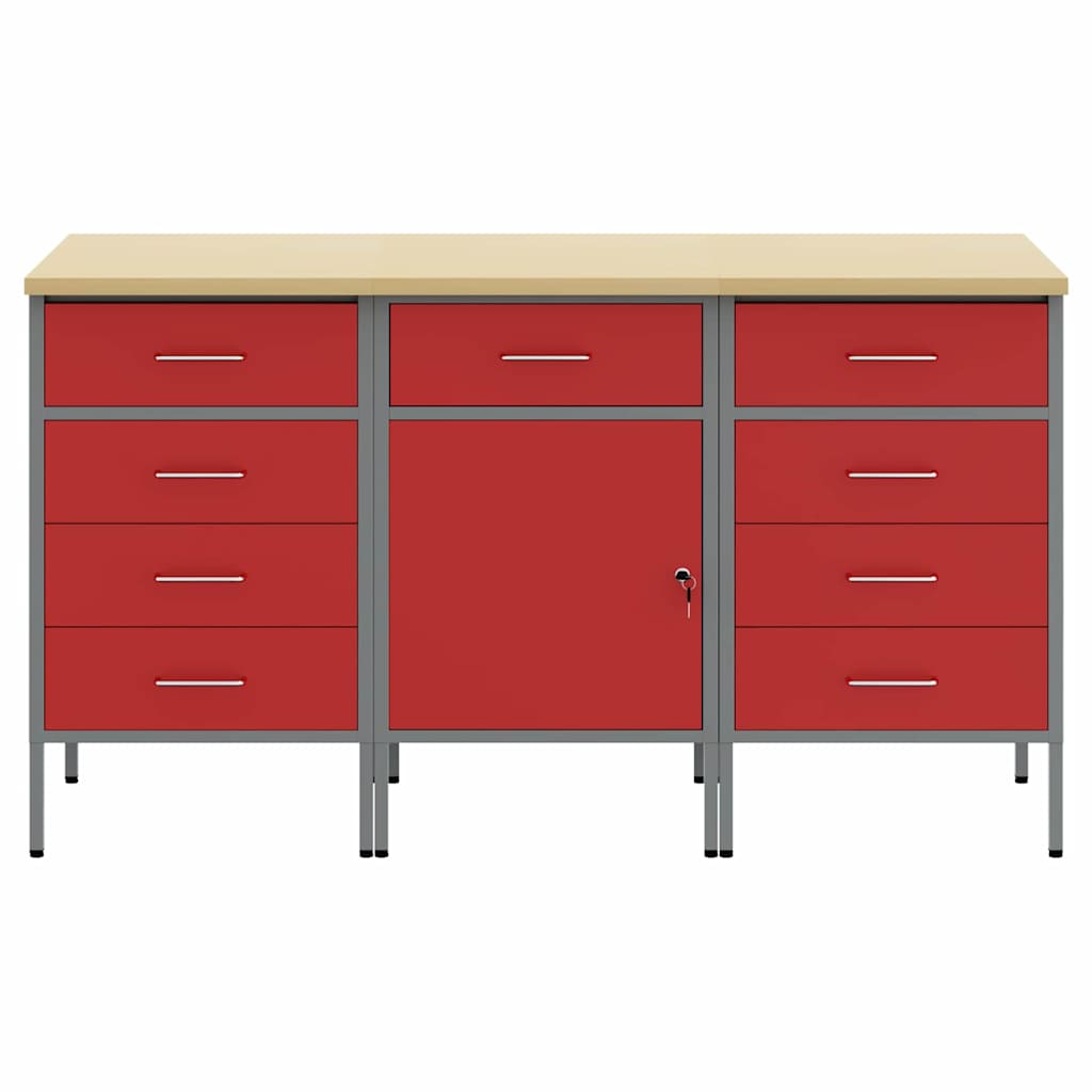 vidaXL Work Cabinet with Drawer 3 pcs Red and Grey 150 x 55 x 85 cm