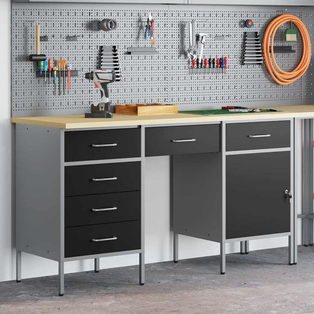 Work Cabinet with Drawer 3 pcs Black Engineered Wood and Steel