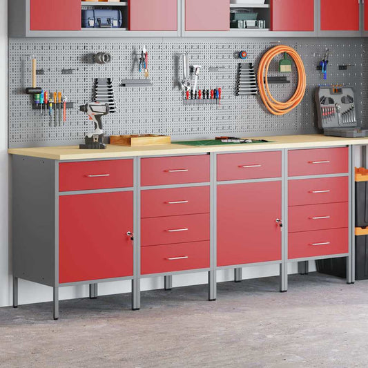vidaXL Work Cabinet with Drawer 4 pcs Red and Grey 200 x 55 x 85 cm