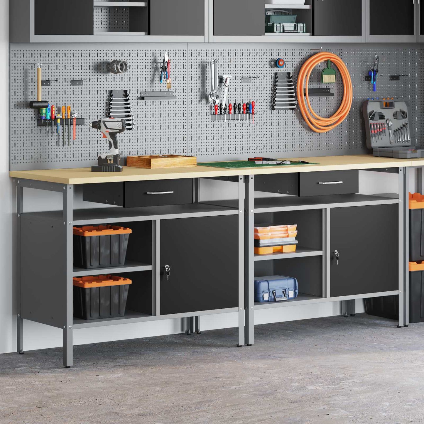 Work Bench Set with Shelf 2 pcs Black and Grey 200 x 55 x 85 cm